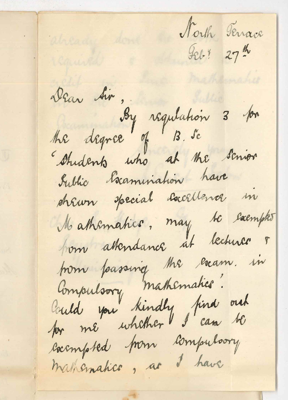 Adolph Ernest Paton - Adelaide - Exemption from Compulsory Mathematics in Science Course