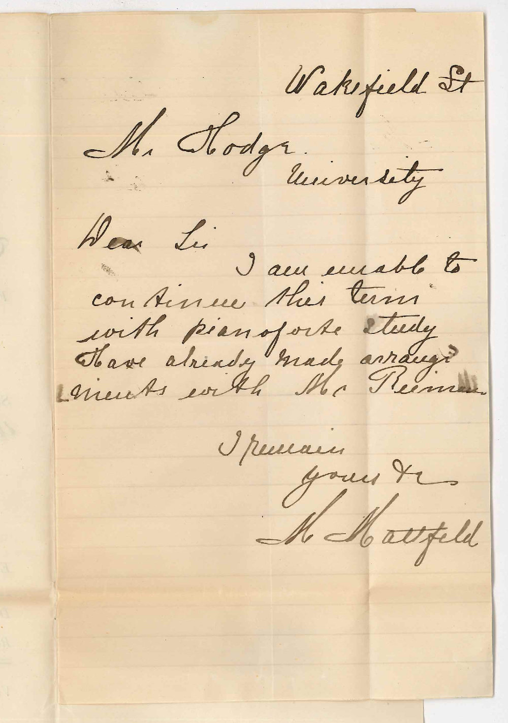 Miss M Mattfield - Adelaide - Discontinuing lessons at the Conservatorium