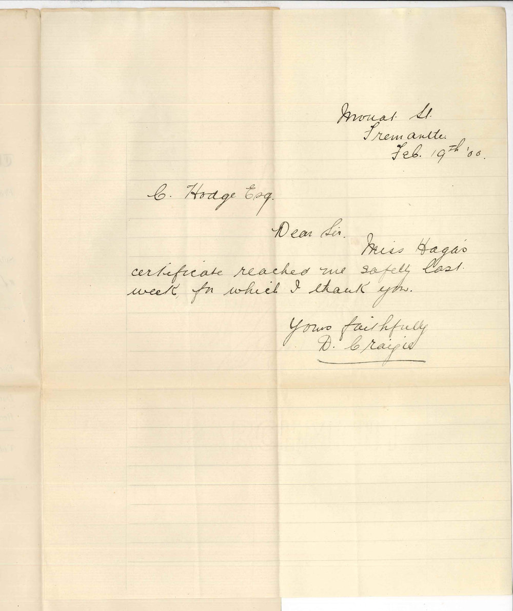 Miss D Cragie - Fremantle - Acknowledging receipt of Certificate