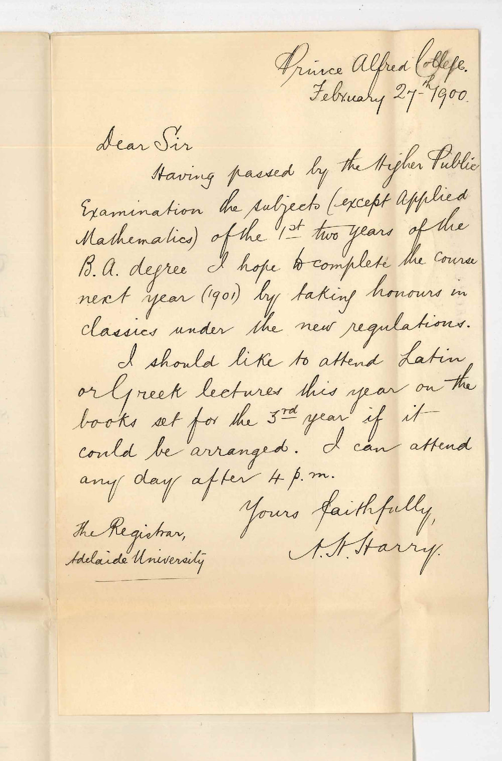 A H Harry - Prince Alfred College - BA Course