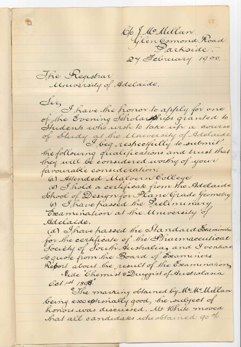 Samuel Herbert McMillan - Parkside - Application for Evening Scholarship