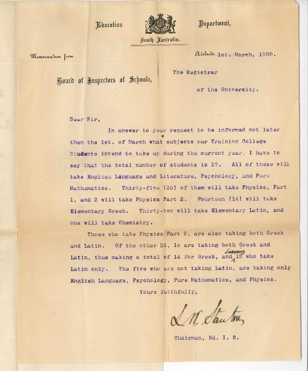 L W Stanton - Chairman Board of Inspector of Schools - Subjects Training College Students will take up during 1900