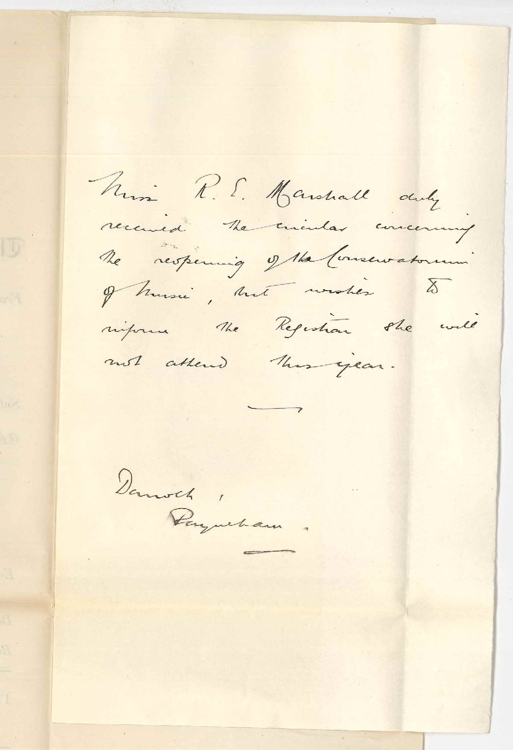 Miss R E Marshall - Payneham - Discontinuing lessons at the Conservatorium
