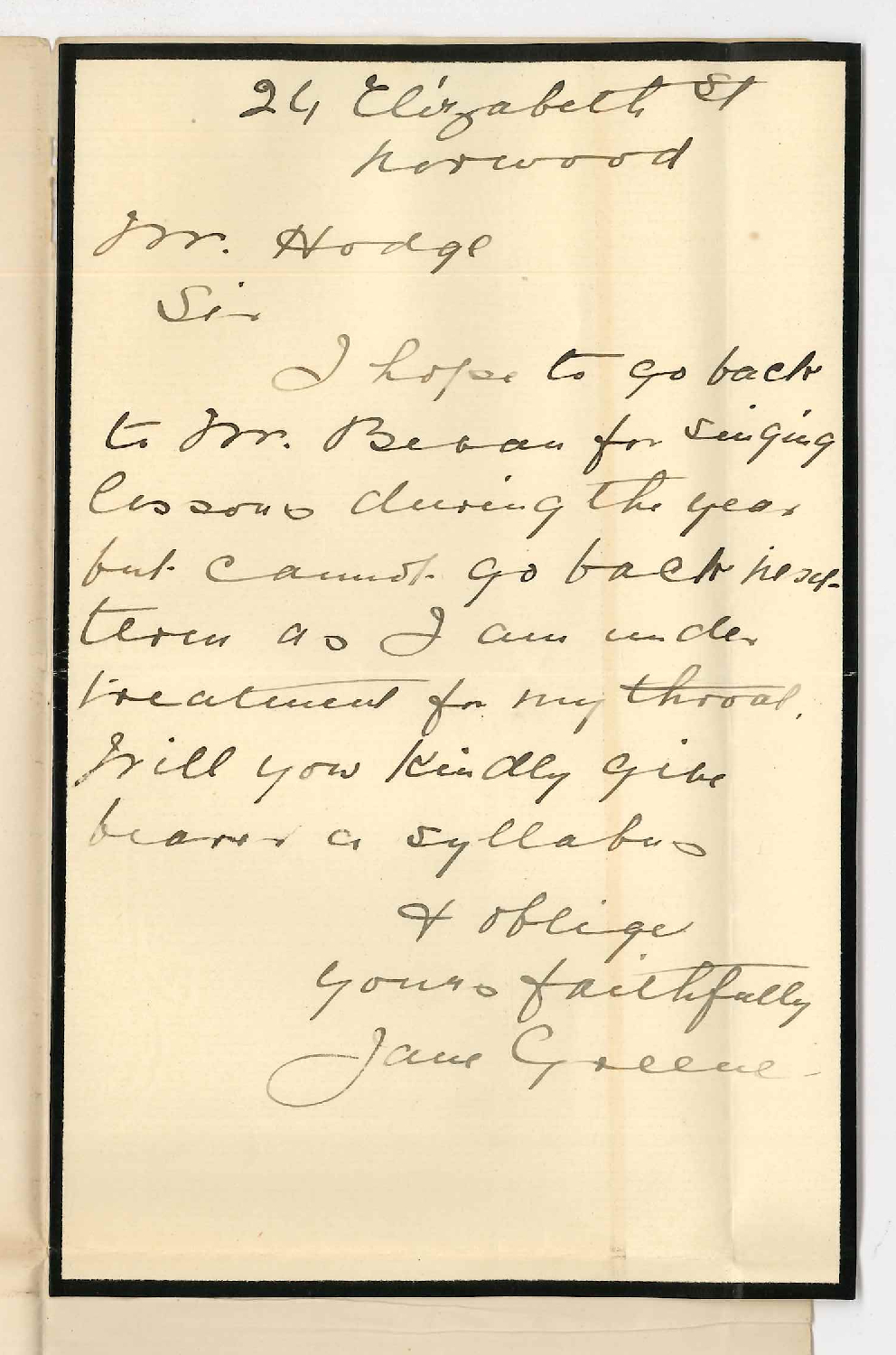 Miss Jane Greene - Norwood - Studies Conservatorium