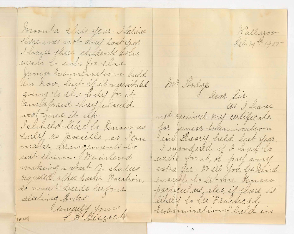 F H Hiscock - Wallaroo - Music Examinations and request for Certificate