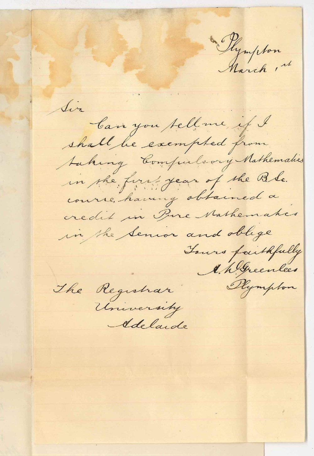 A D Greenlees - Plympton - Exemption from Compulsory Mathematics in Science Course