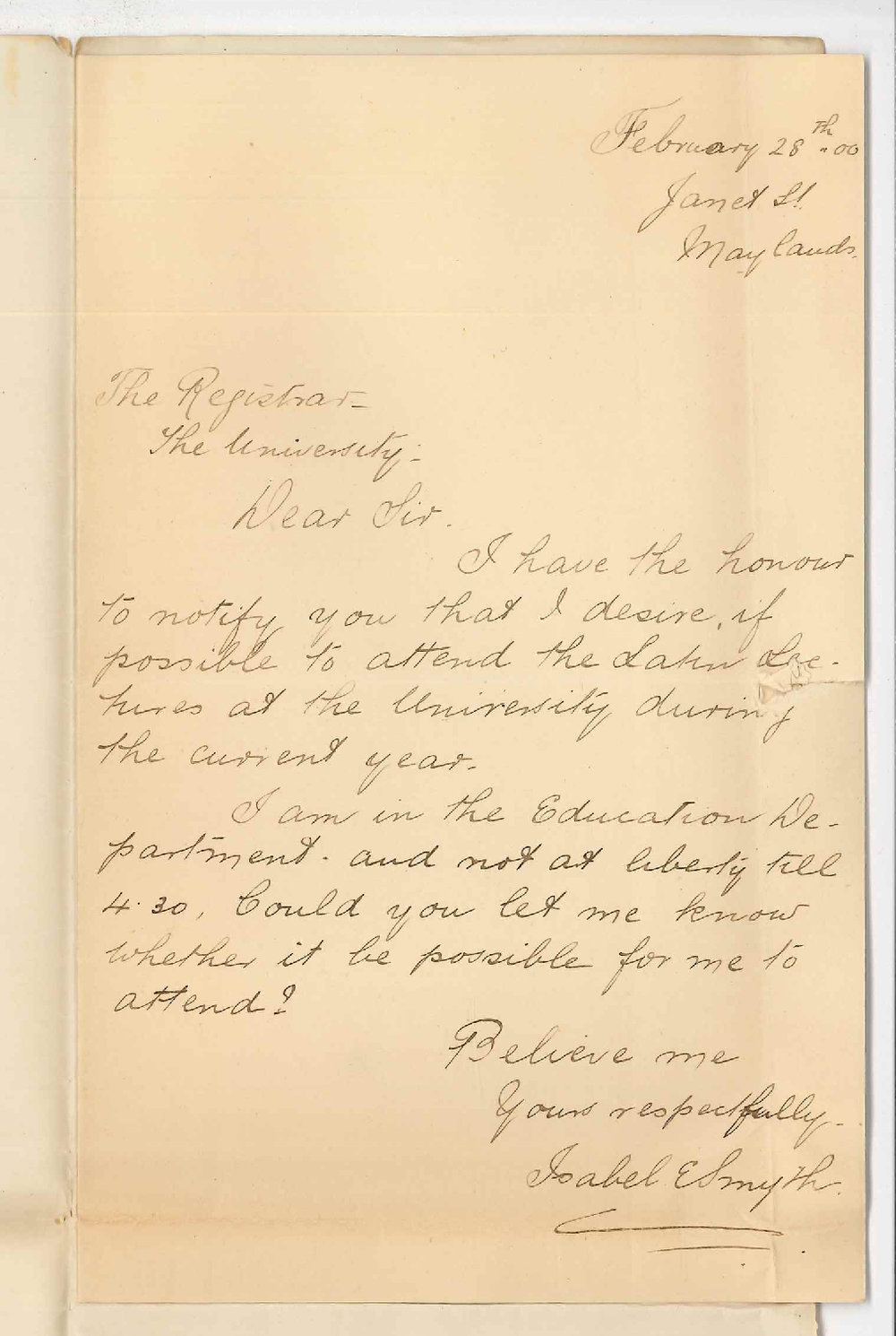 Miss Isabel Smyth - Maylands - Will attend Latin Lectures during 1900