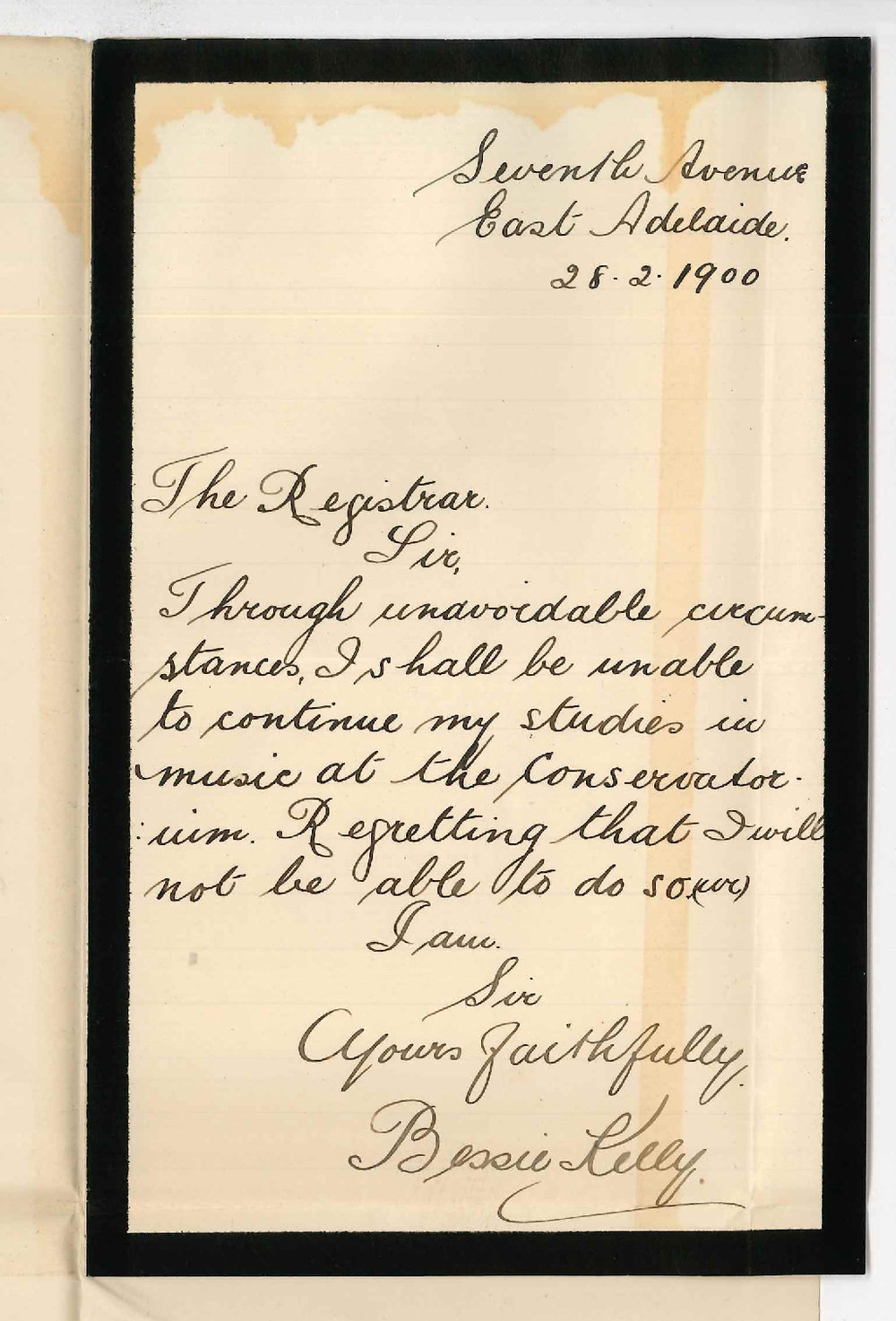 Miss Bessie Kelly - East Adelaide - Discontinuing studies at the Conservatorium