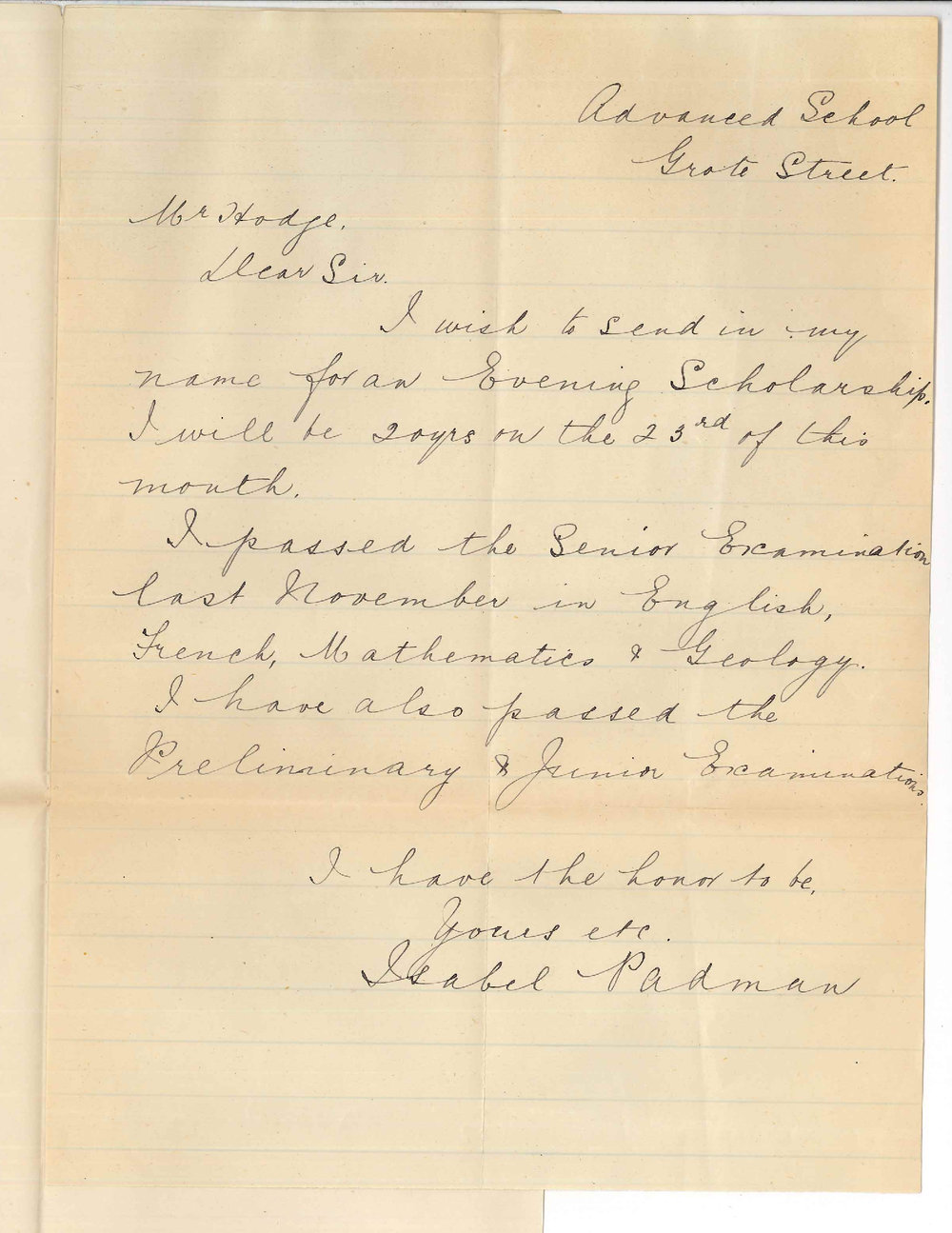 Miss Isabel Padman - Advanced School for Girls - Application for Evening Scholarship
