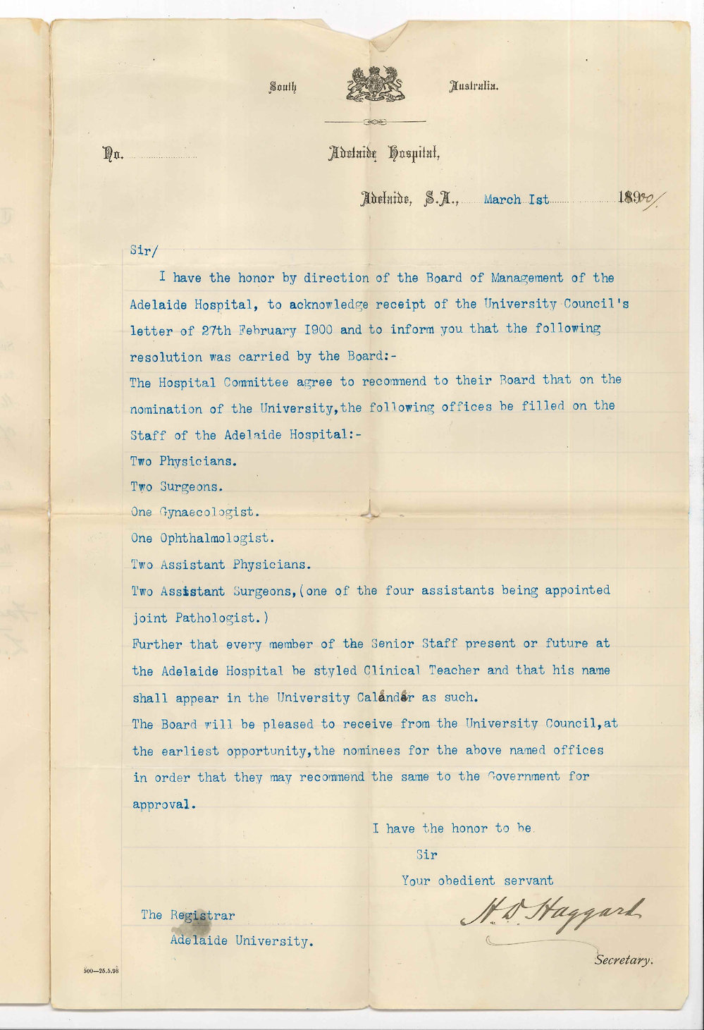 H D Haggard - Adelaide Hospital - Committee agrees to recommend appointment of Medical Staff on nomination of the University