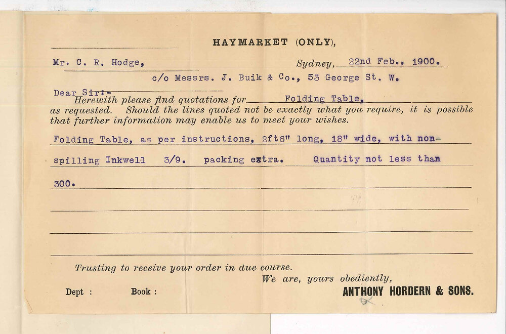 Anthony Horden and Sons - Haymarket Sydney - Quotation folding tables