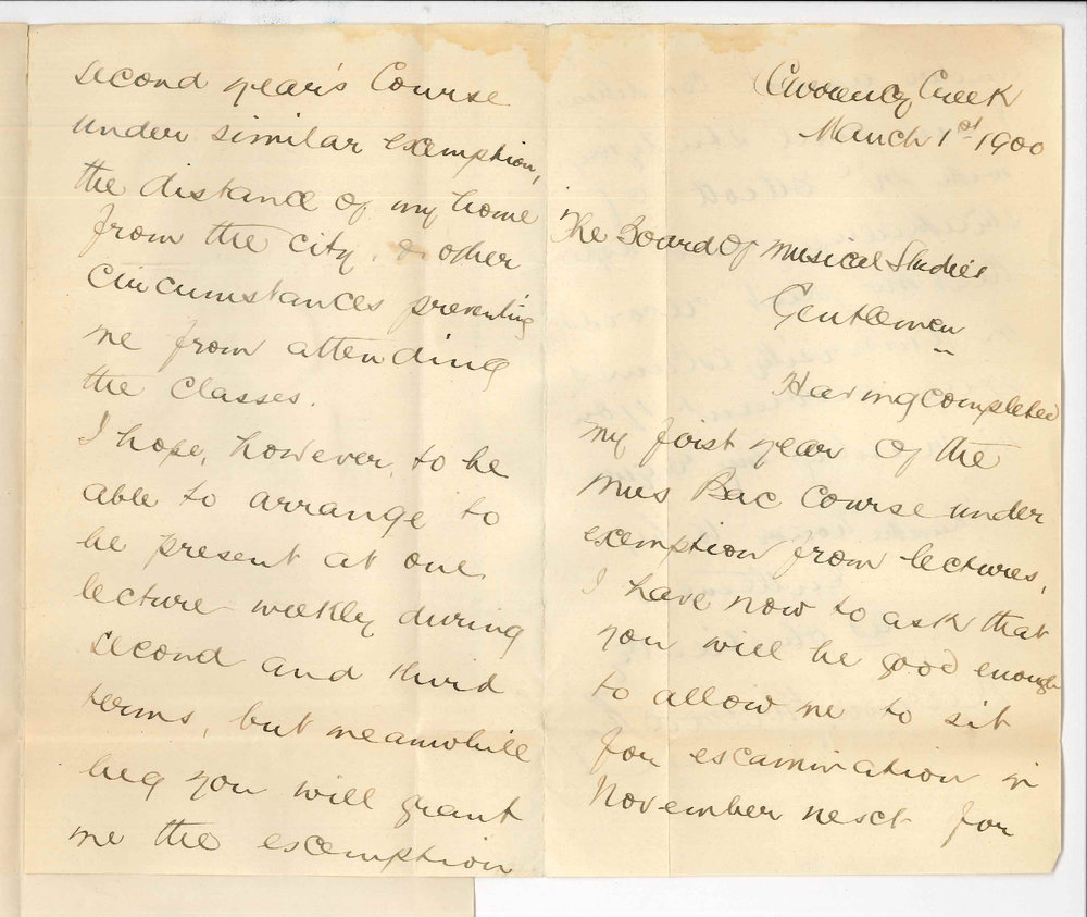 Marion Kirkwood Kemp - Currency Creek - Exemption from attendance on Lectures of Mus Bac Course