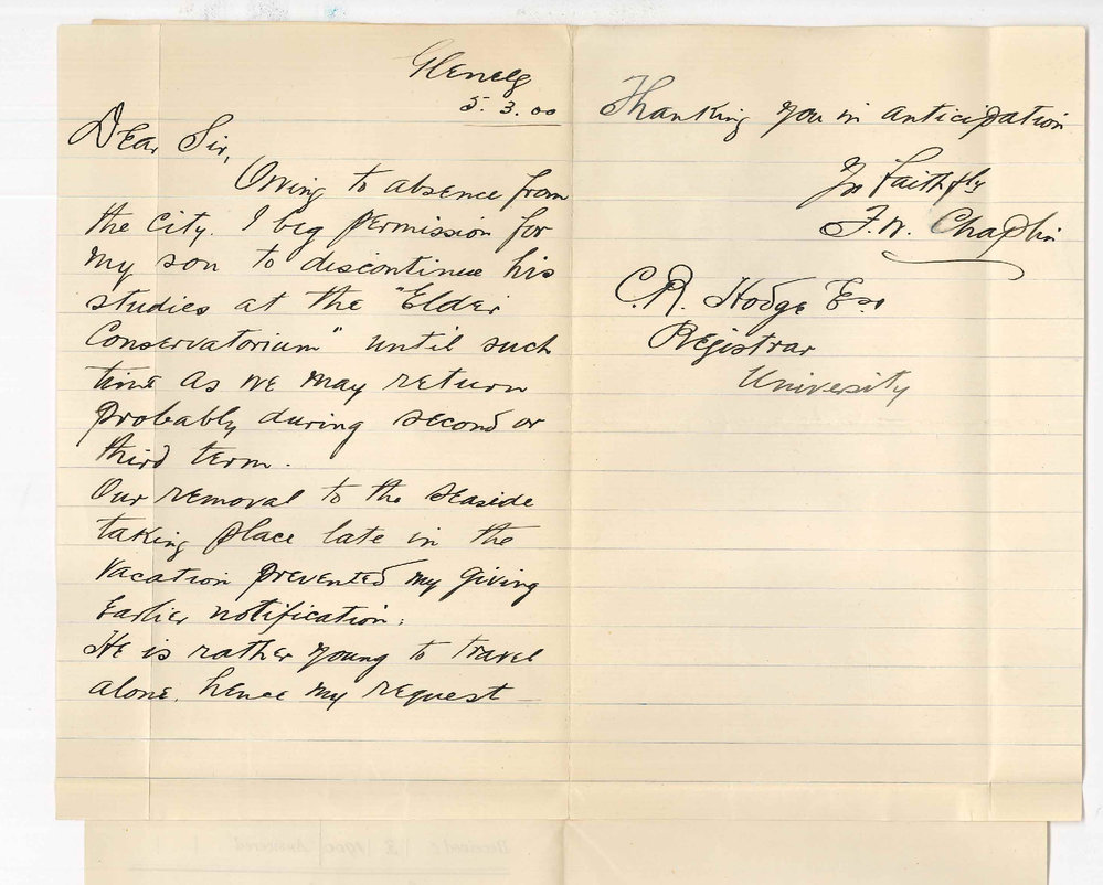 F W Chaplin - Glenelg - Son will not continue lessons at the Conservatorium