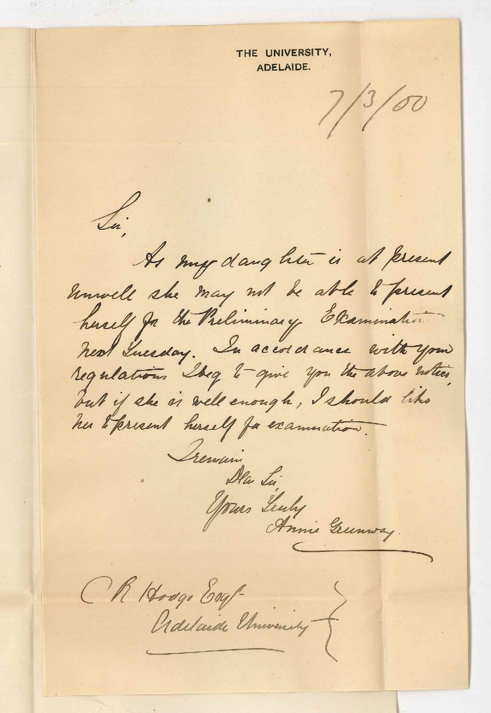 Mrs Annie Greenway - Daughter may not be able to attend Preliminary Examination