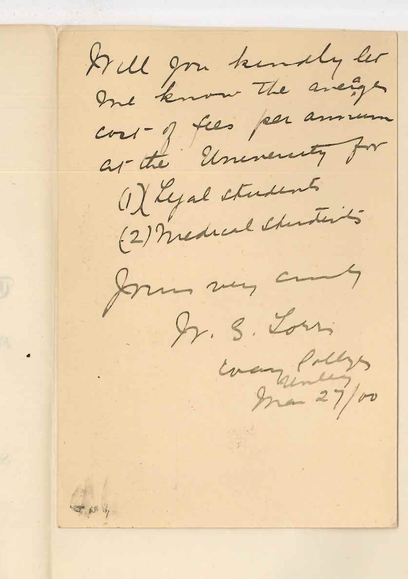 William George Torr - Way Cottage - Enquiring about fees for LLB and MB courses
