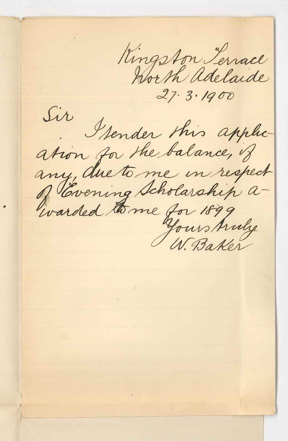 William Baker - North Adelaide - Request for surplus of Evening Scholarship