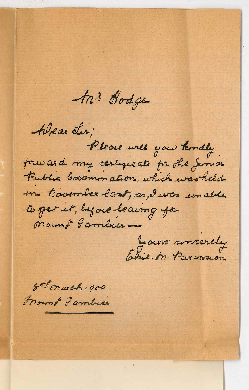 Miss Elsie M Pariossien - Mount Gambier - Request Certificate