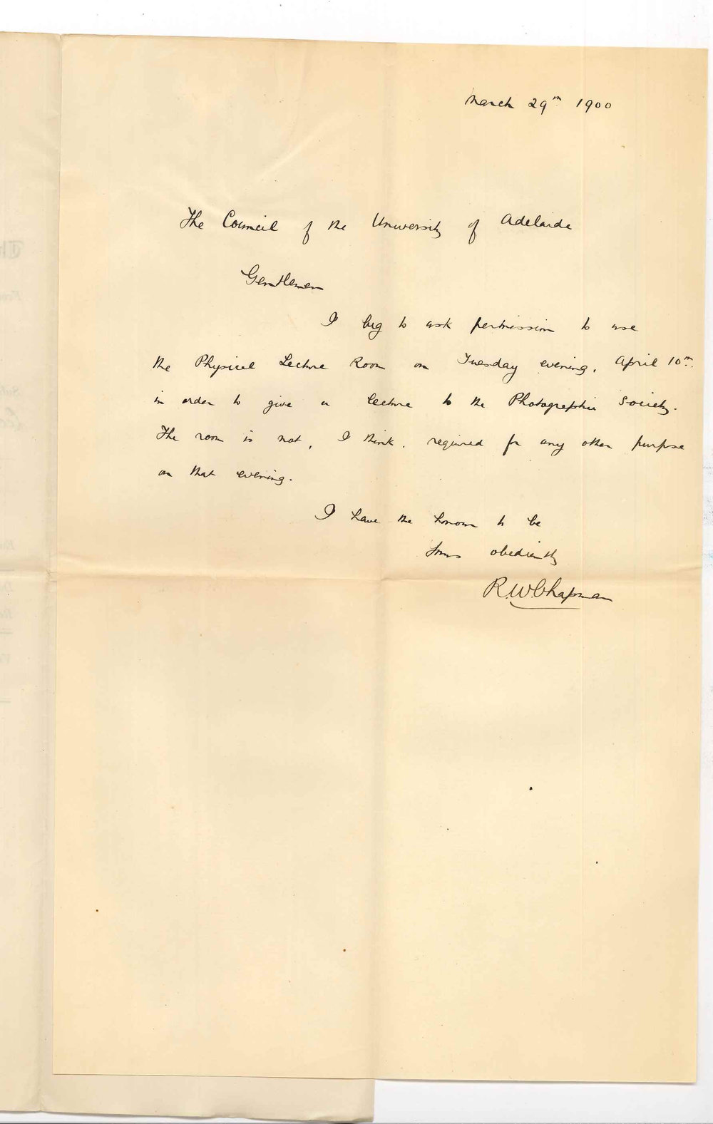 Robert William Chapman - University of Adelaide - Asking for permission to use Physical Lecture Room on the 3rd of April