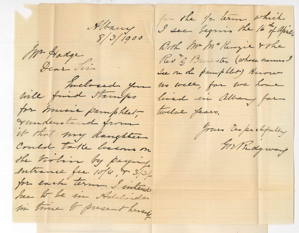 Mrs G Ridgway - Albany - Concerning daughters studies at the Conservatorium