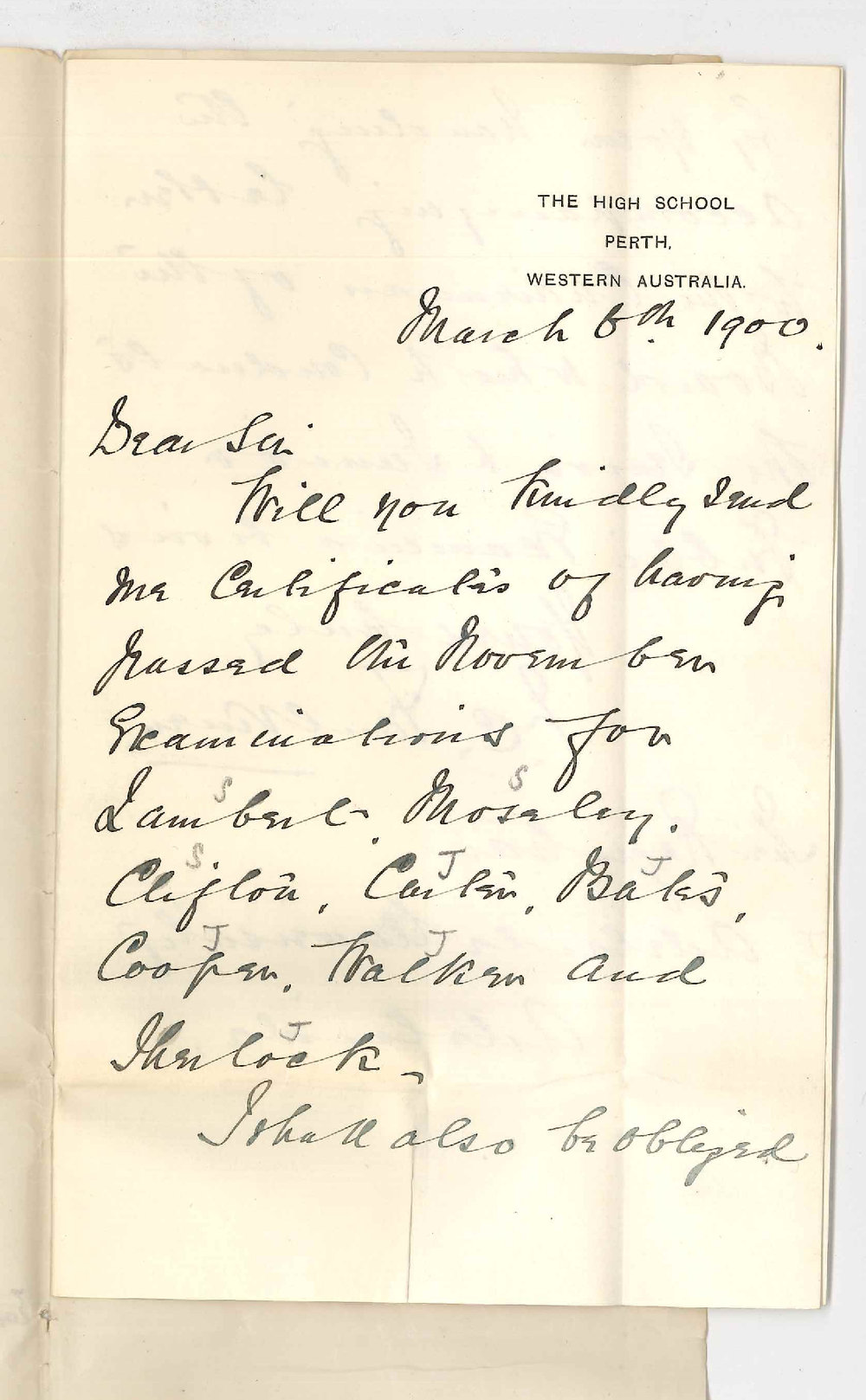 F C Faulkner - High School Perth - Requesting Certificates and suggesting alterations in Junior and Senior Public Examinations