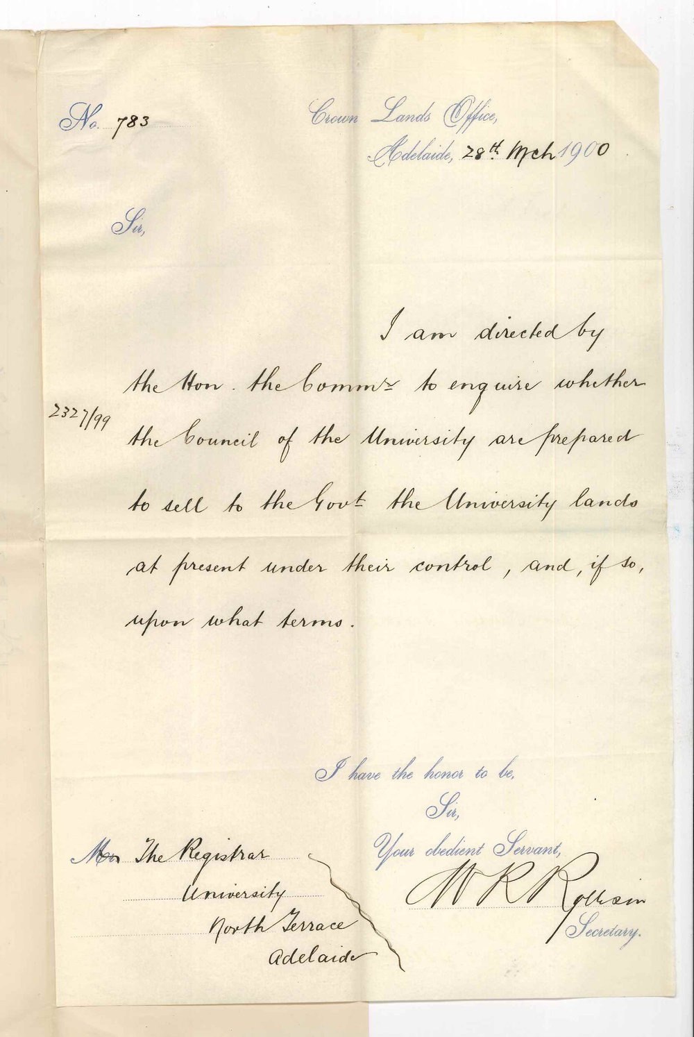 Crown Lands Office - Adelaide - Asking upon what terms Council will sell University Lands to the Government