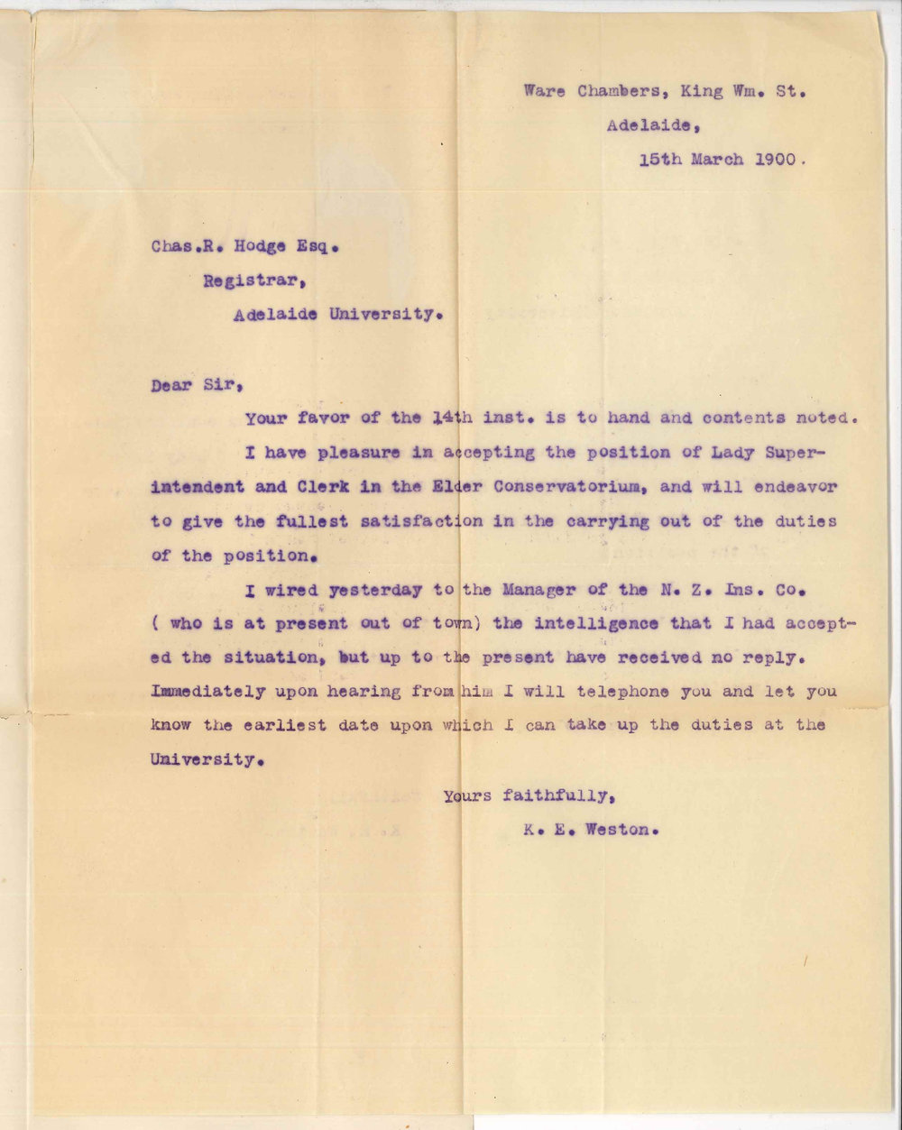 Mrs K E Weston - Adelaide - Accepting position as Lady Superintendent and Clerk in the Conservatorium of Music