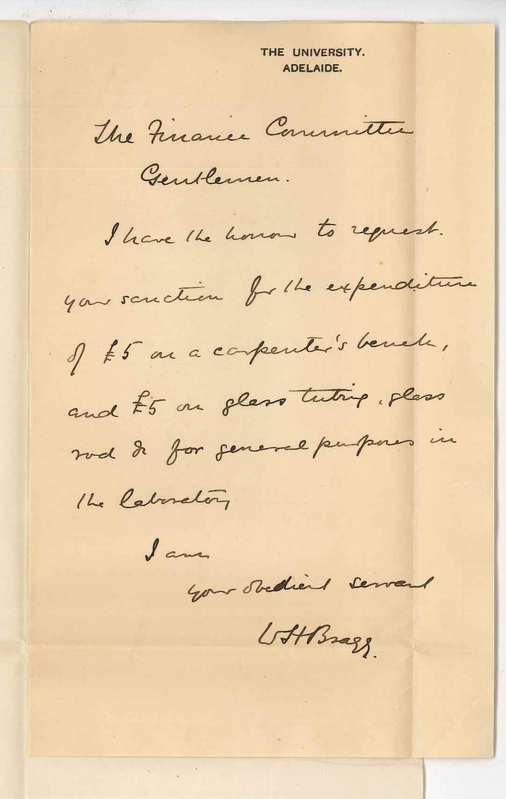 Professor William Henry Bragg - University of Adelaide - Requesting &pound;10 for carpenters lunch and material for Physical Laboratory