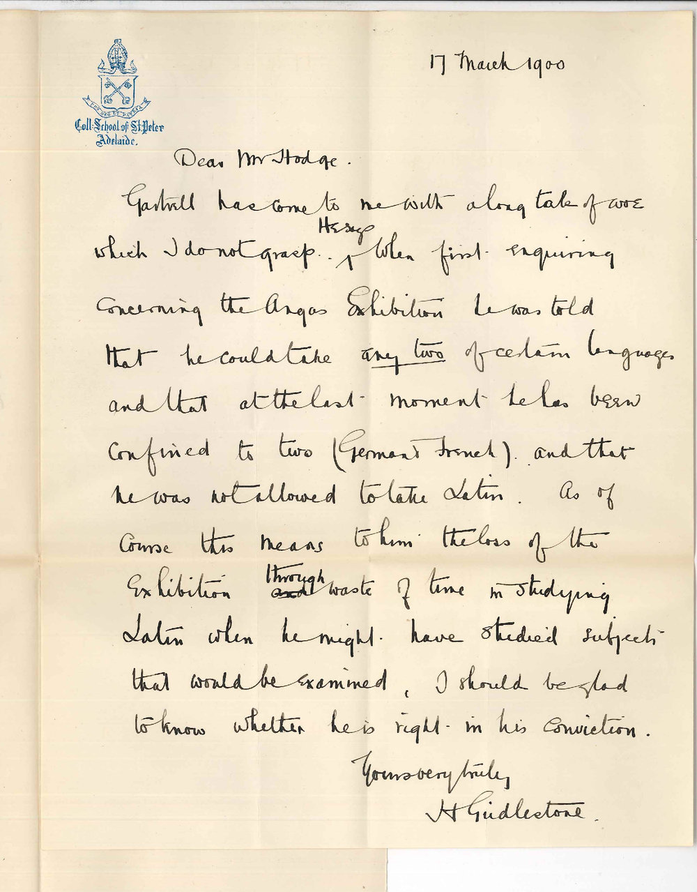 Reverend H Girdlestone - St Peters College - Concerning Angas Exhibition