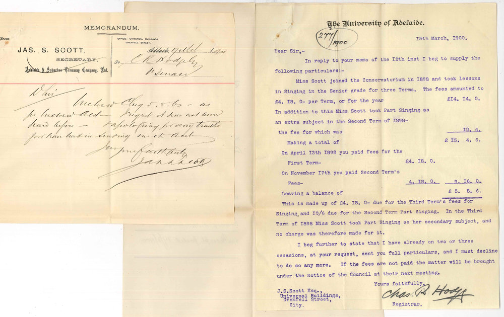 James S Scott - Adelaide - Forwarding Miss Scotts Conservatorium Fees