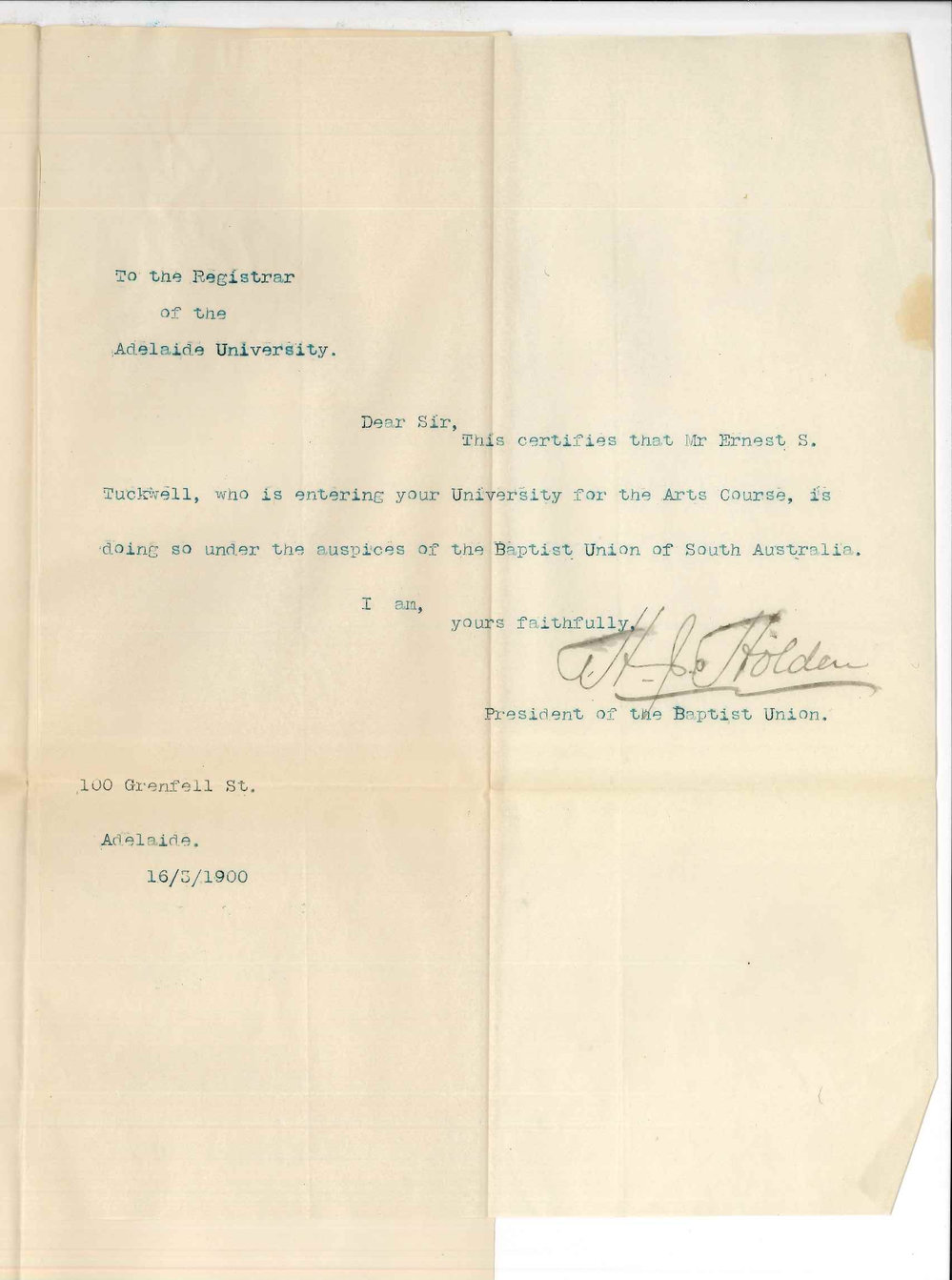 H J Holden - Adelaide - Certifying that Mr E S Tuckwell is Entering the University under the auspices of Baptist Union