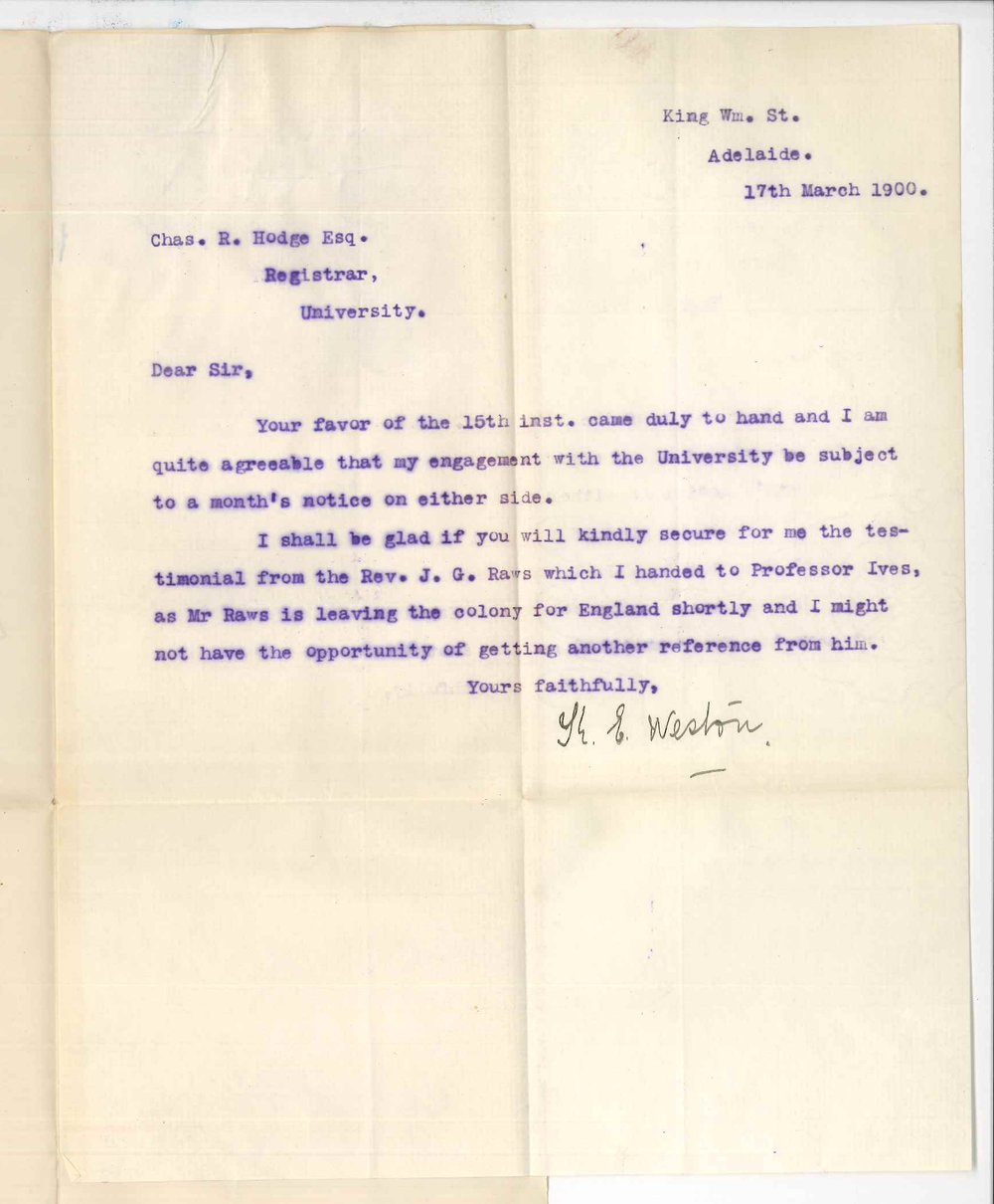 Mrs K E Weston - Adelaide - Accepting appointment as Lady Superintendent and Clerk at Conservatorium