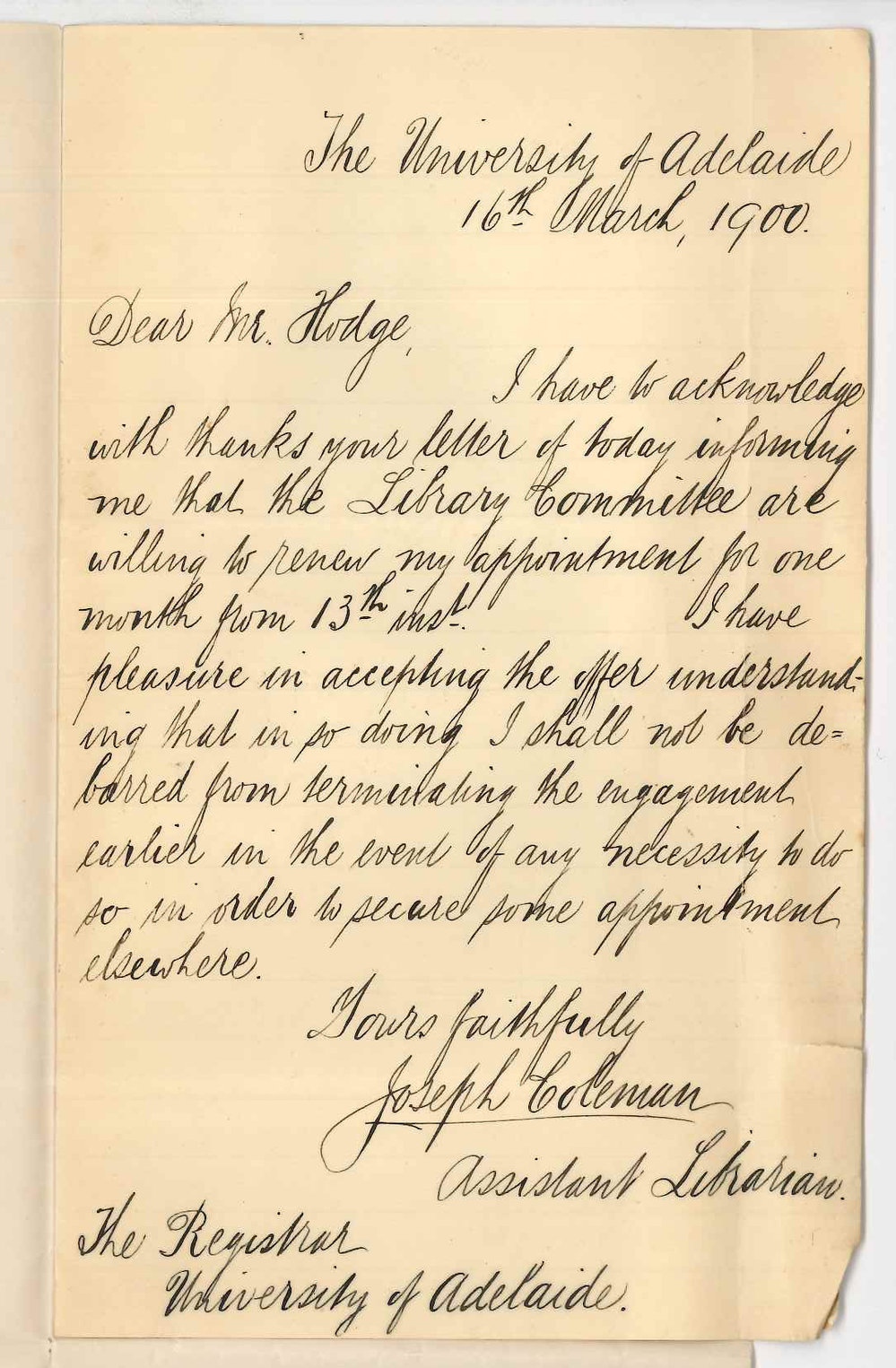 Joseph Coleman - University - Accepting appointment for one month