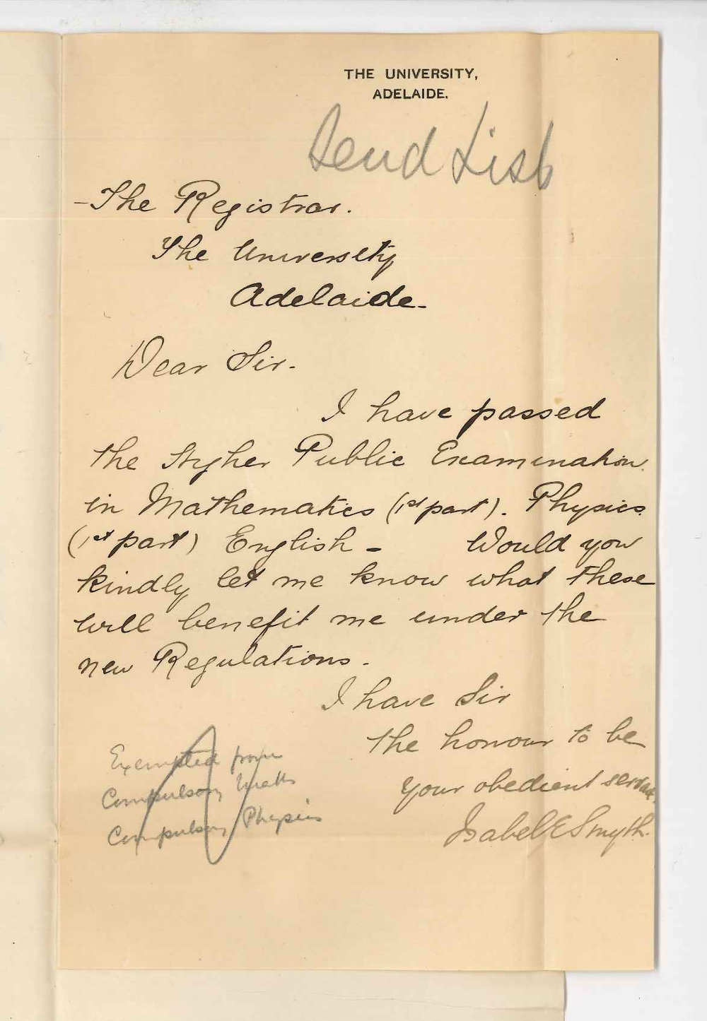 Miss Isabel E Smyth - University - Subjects passed Higher Public Examinations