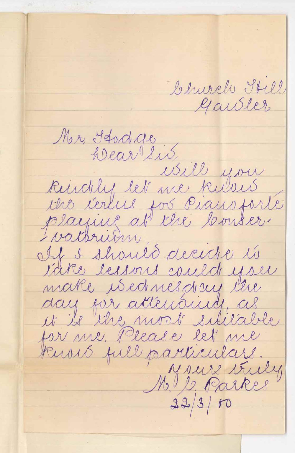 Miss M C Parkes - Gawler - Particulars Conservatorium