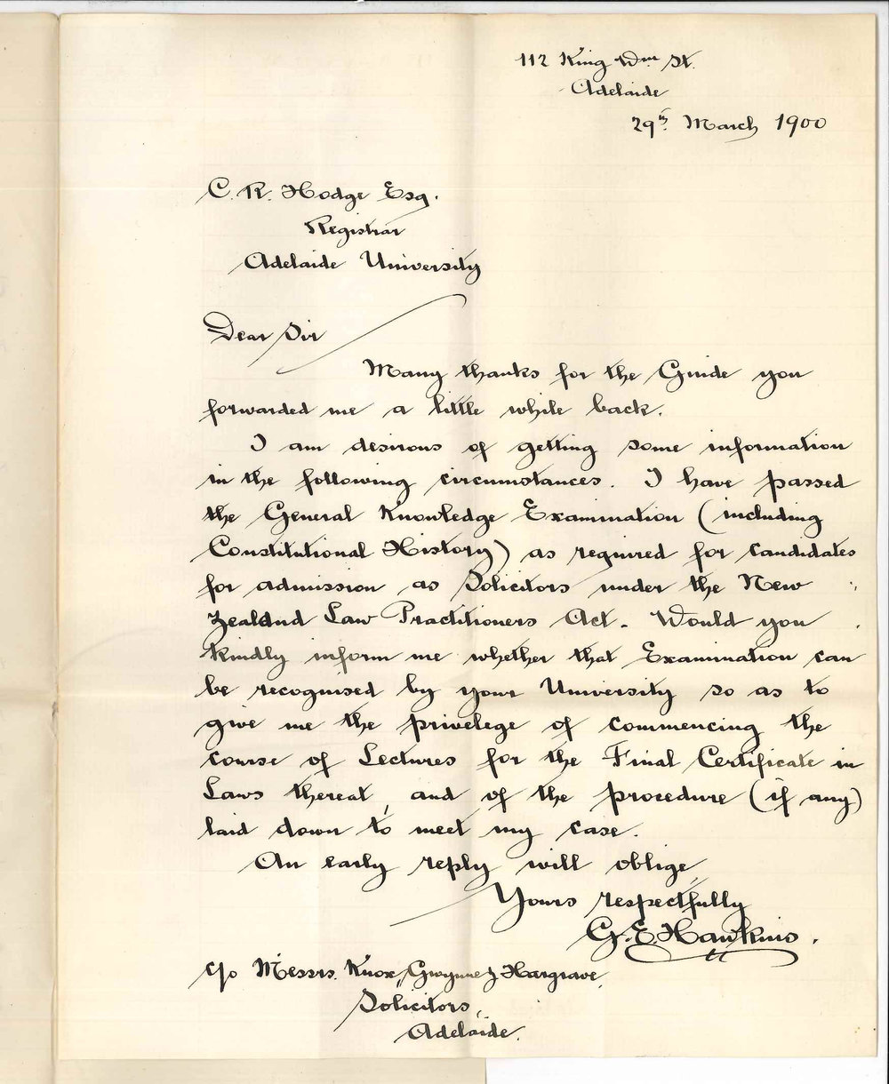 G E Hawkins - Adelaide - Bachelor of Laws Course