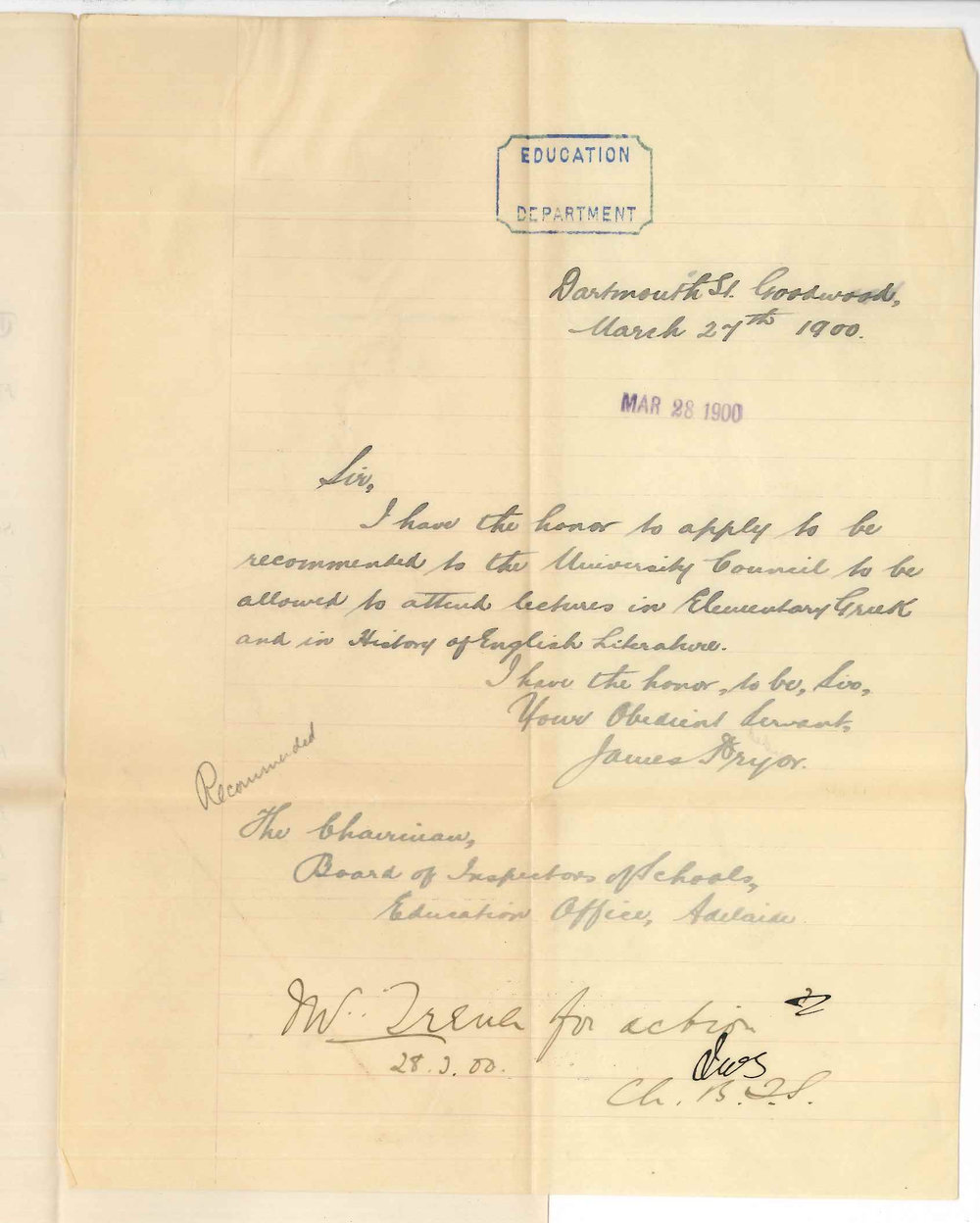 Education Department - Adelaide - Admission of James Pryor to University