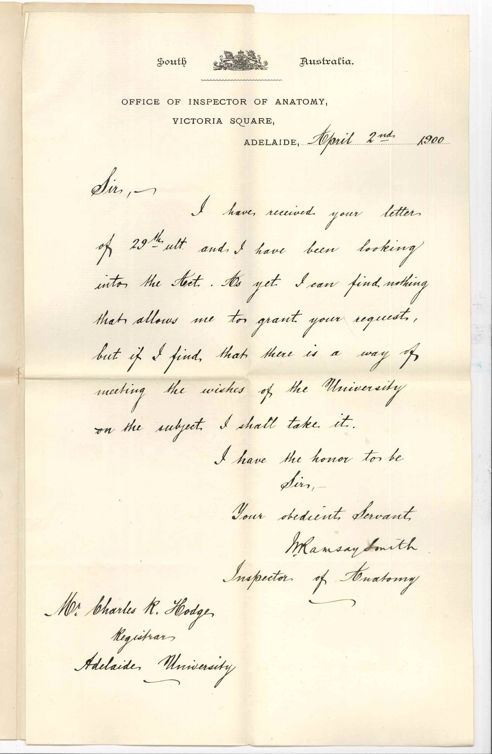 William Ramsay Smith - Inspector of Anatomy - Adelaide - Anatomy Act does not allow request to retain skeleton