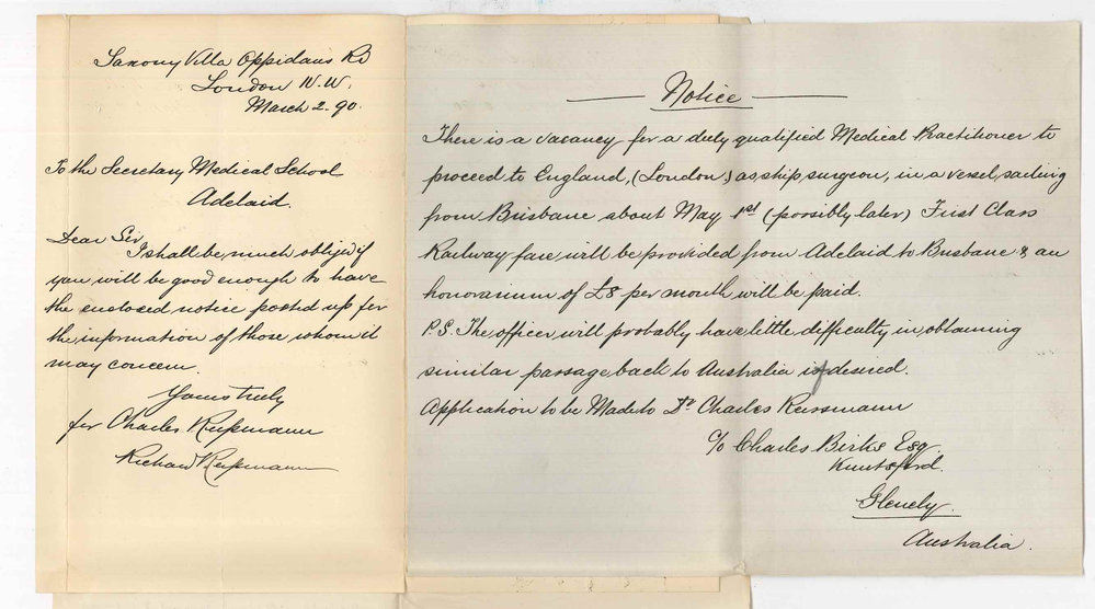 Dr Charles Reismann - London - Particulars of position as ships surgeon