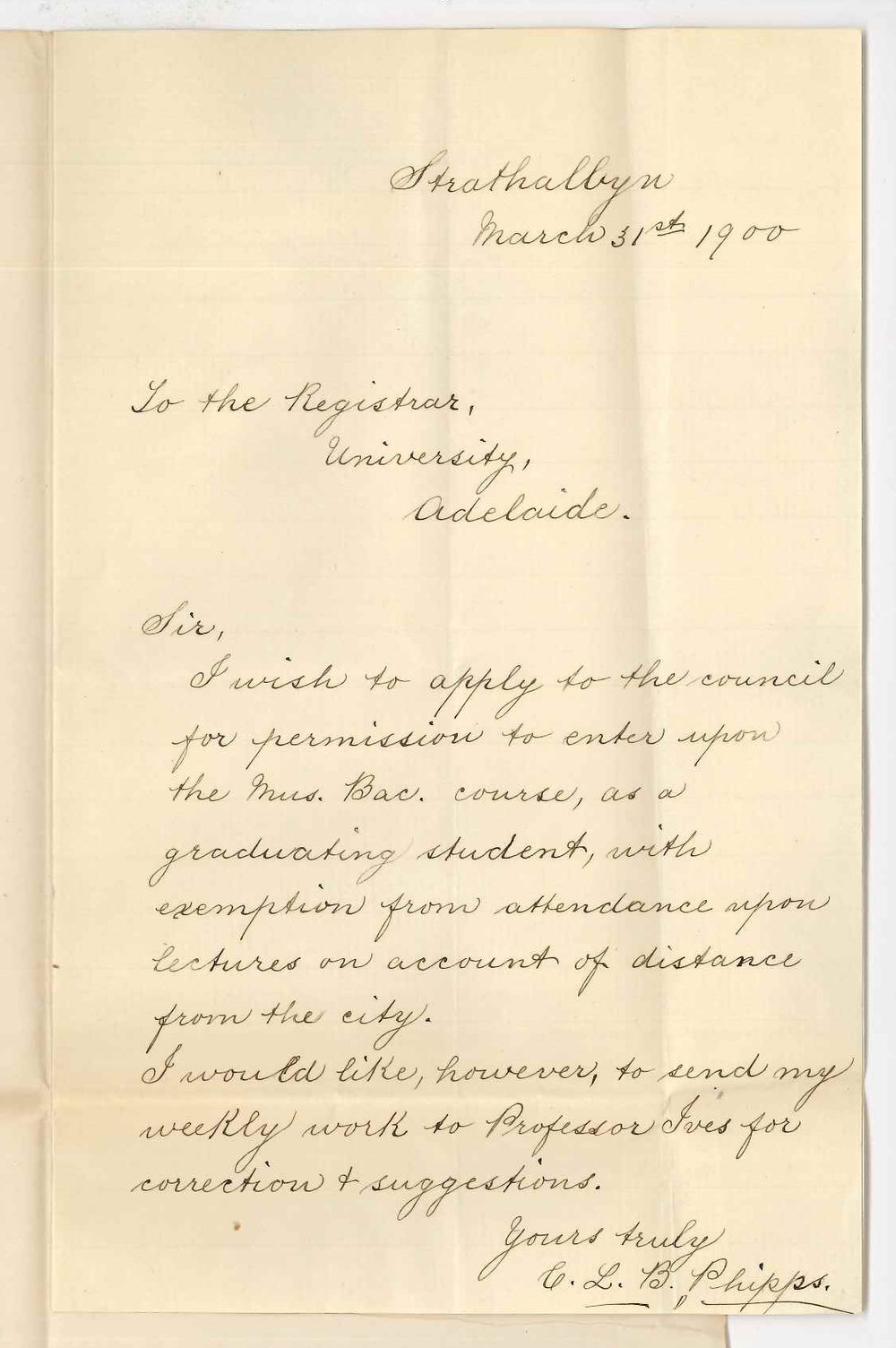 Miss C L B Phipps - Strathalbyn - Exemption attendance at Music Bachelor lectures