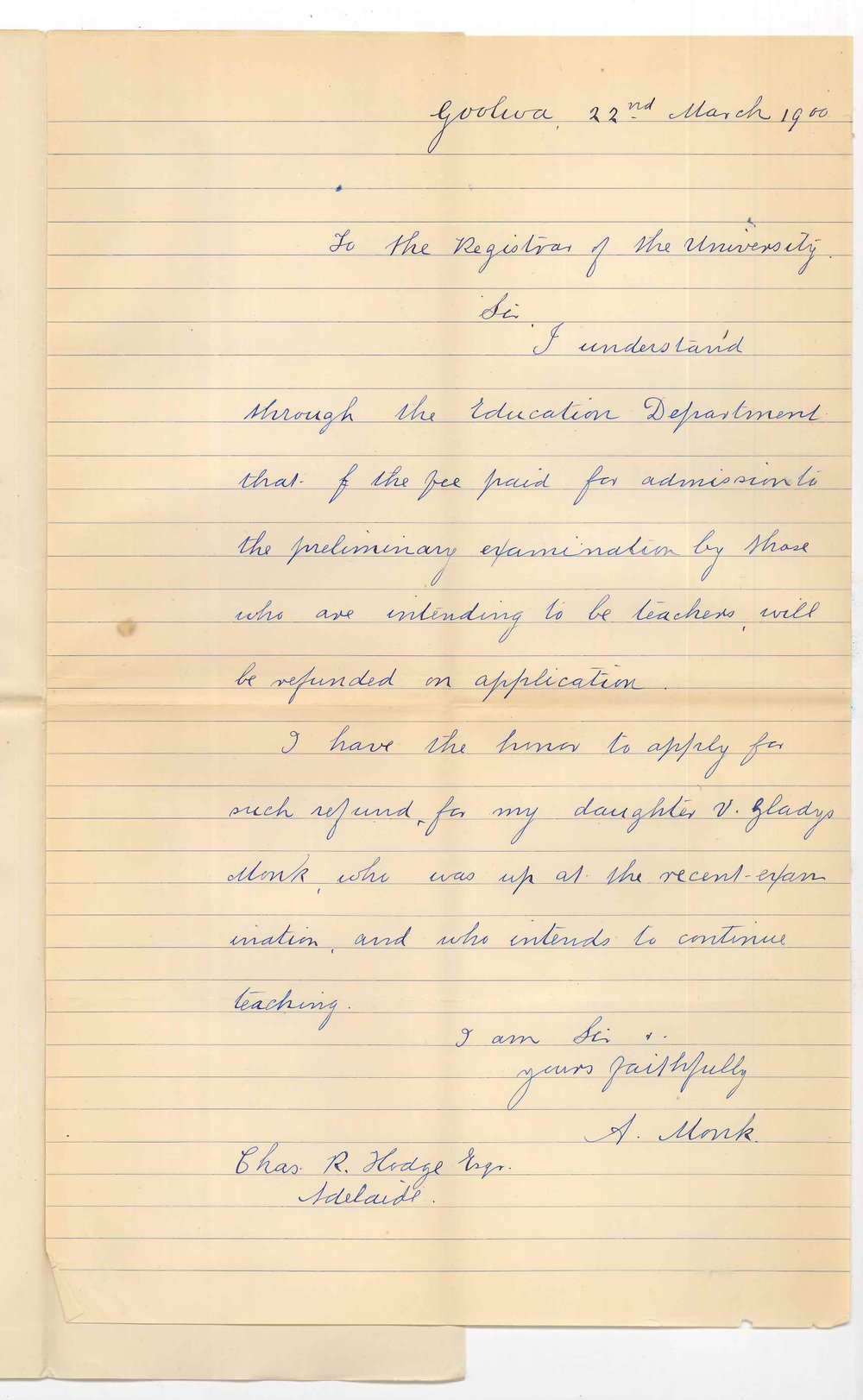 A Monk - Goolwa - Refund of daughter's Preliminary Examination fee