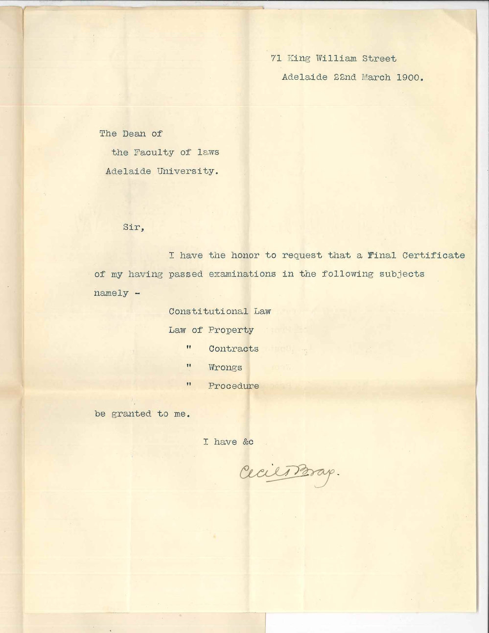 Cecil T Bray - Adelaide - Requesting Final Certificate in Law