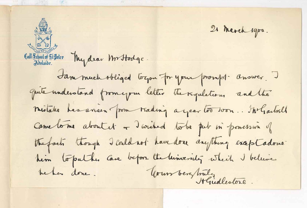 Reverend H Girdlestone - College School of St Peter - Concerning Gartrell and Angas Exhibition