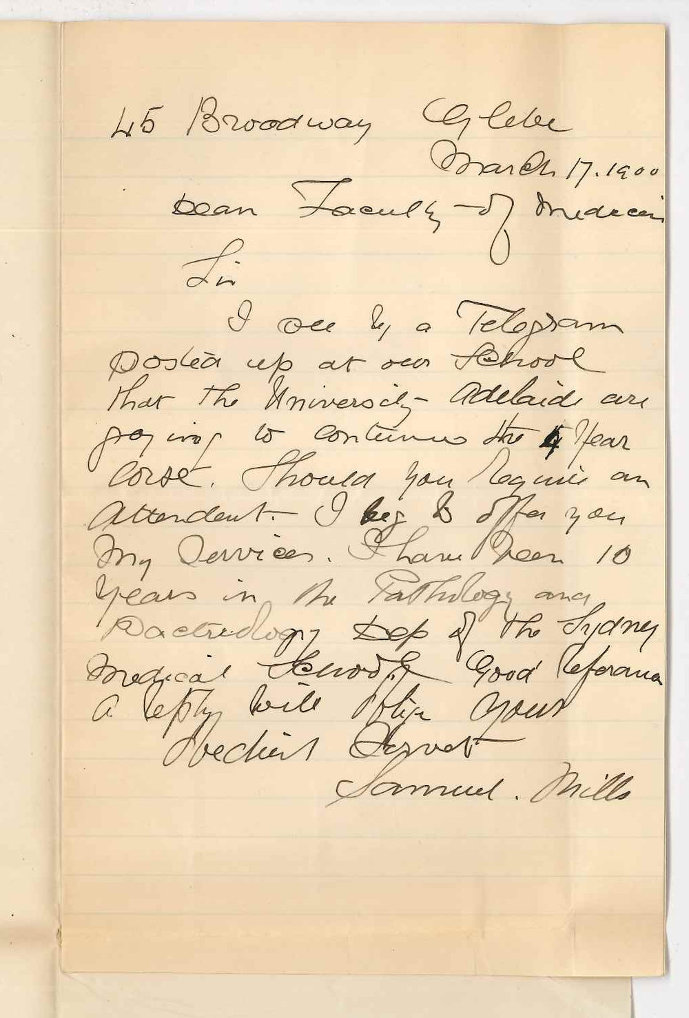 Samuel Mills - Glebe Sydney - Application for position as Attendant Medical School