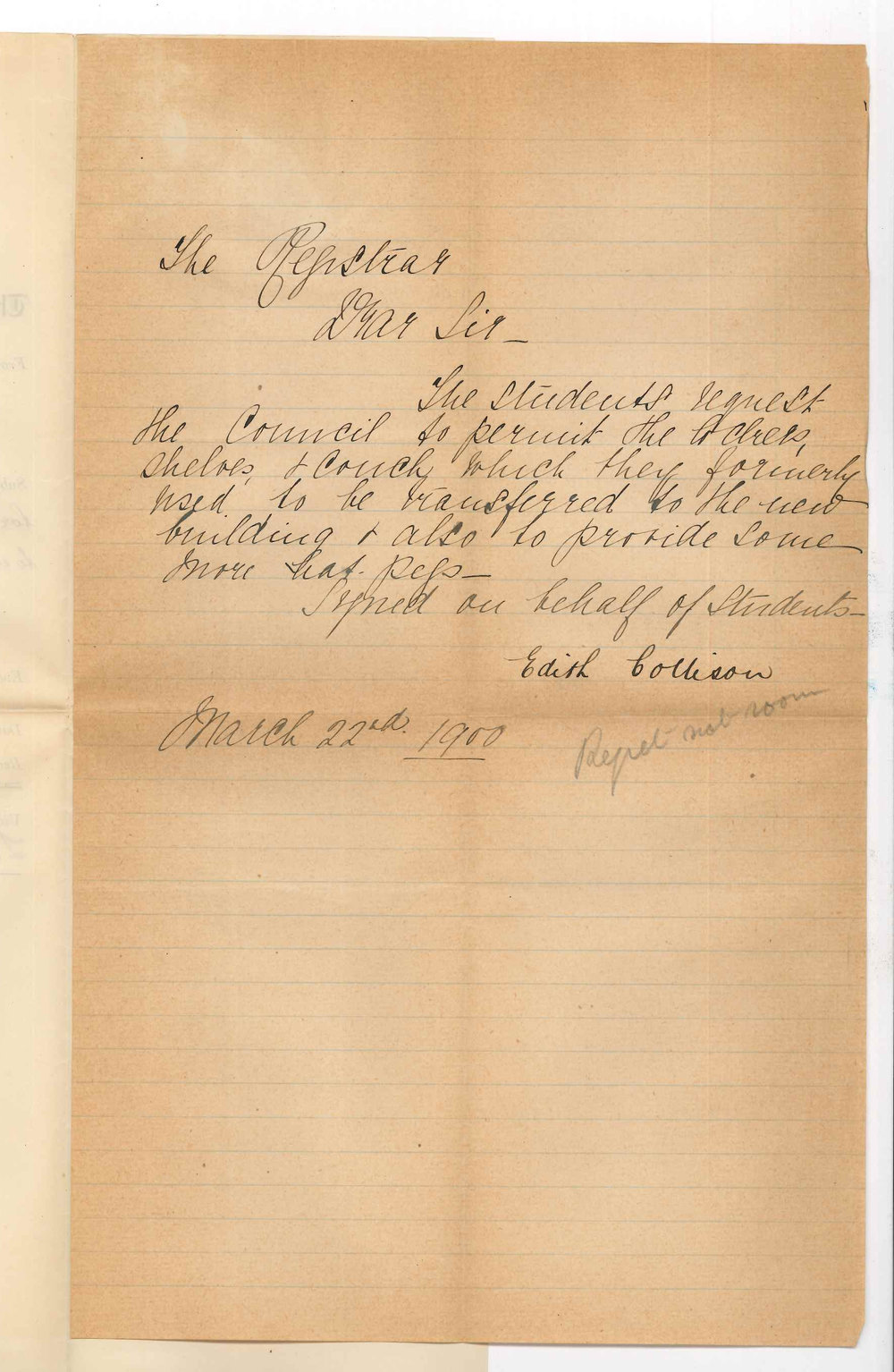 Miss Edith Collison - The University - Requesting that furniture formerly used may be transferred to new room in Conservatorium