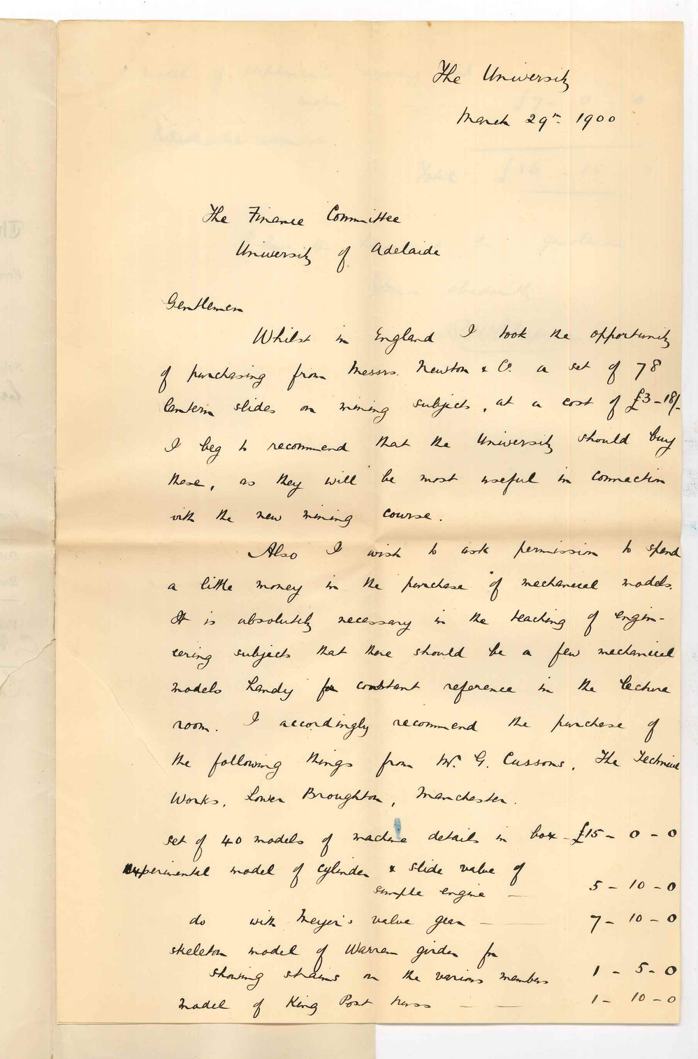 Professor Robert William Chapman - University - Purchase of material for Mining School