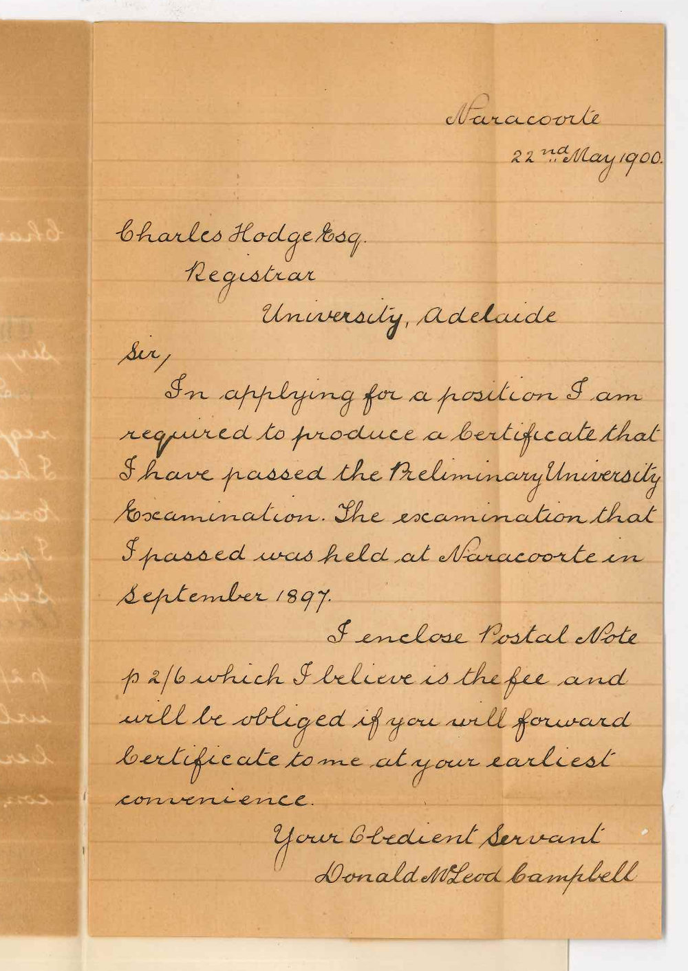 Donald McLeod Campbell - Narracoorte - Requesting Certificate for passing Preliminary Examination