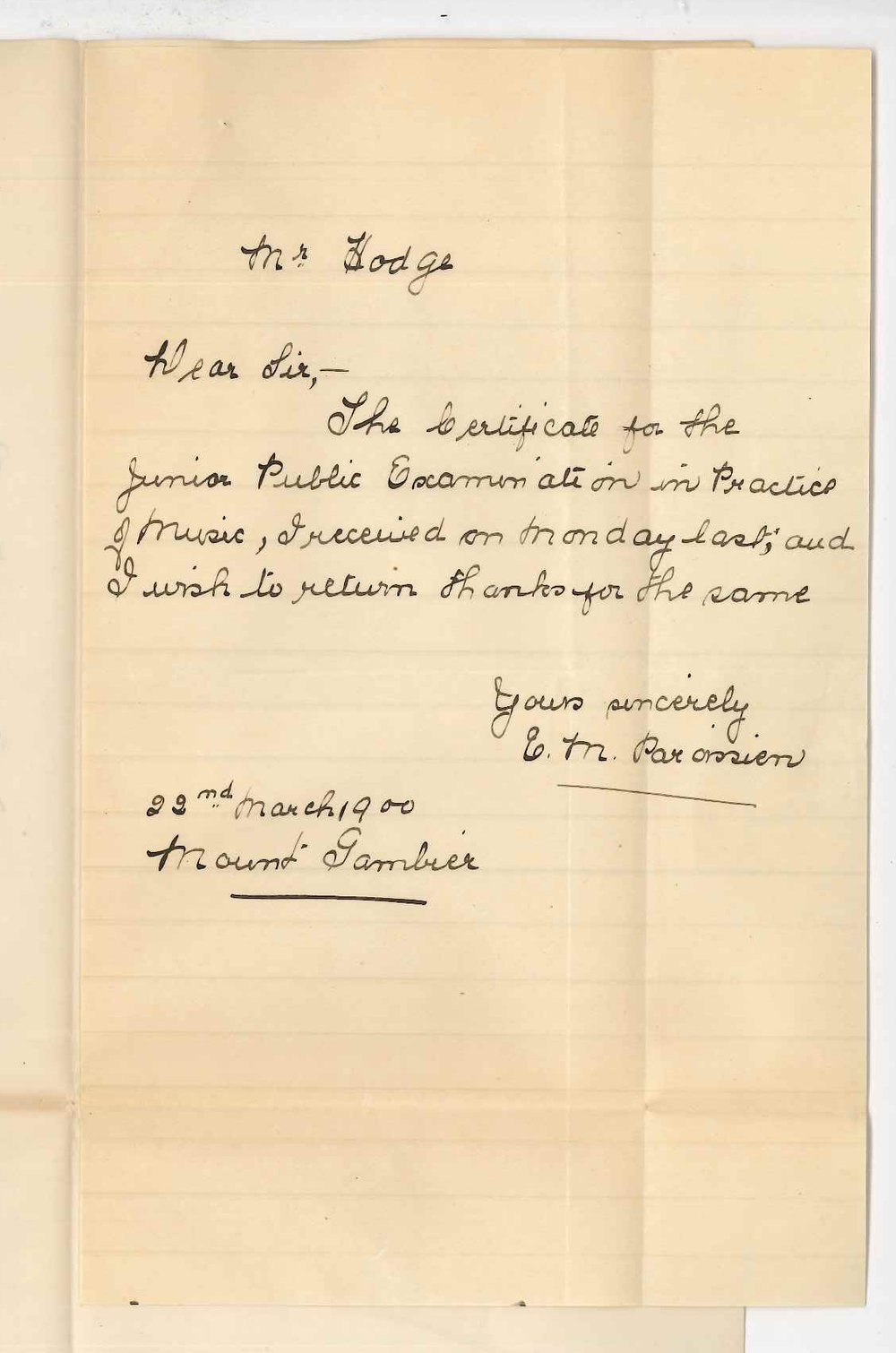 Miss Elsie M Paroissien - Mount Gambier - Acknowledging receipt of Certificate
