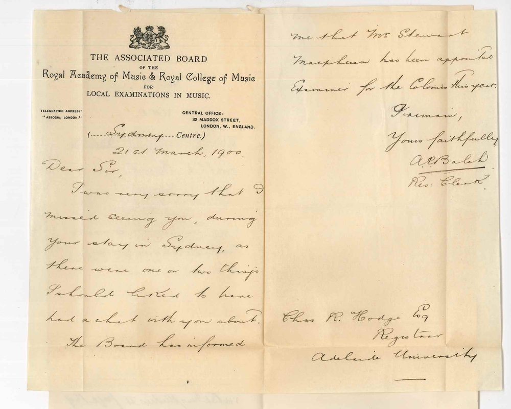 Stewart MacPherson - appointment as examiner for Associate Board in Colonies for 1900