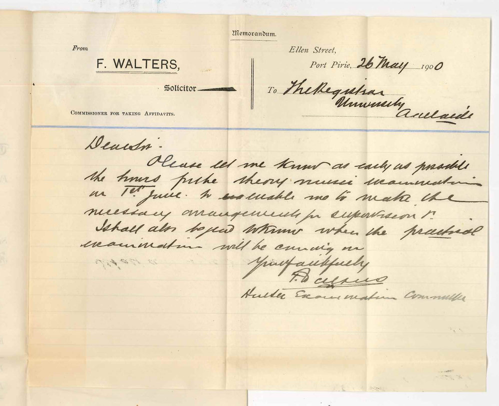 F Walters - Port Pirie - Musical Examinations at Port Pirie