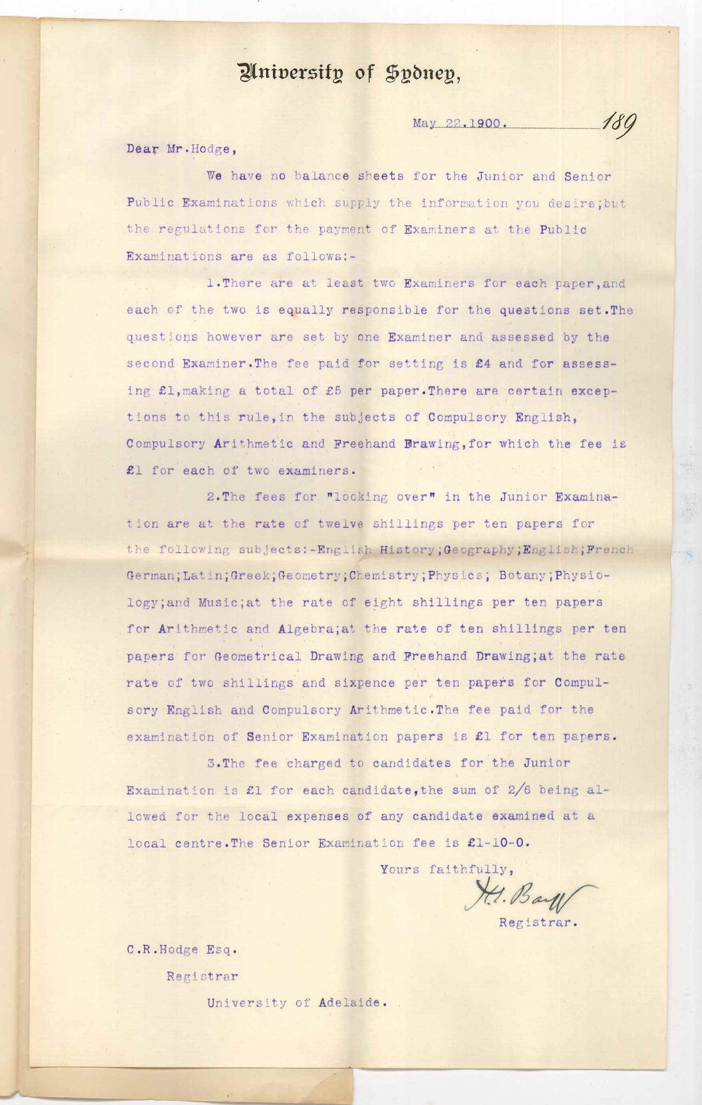 Henry Ebenezer Barff - Registrar University of Sydney - Information concerning Junior and Senior Public Examinations